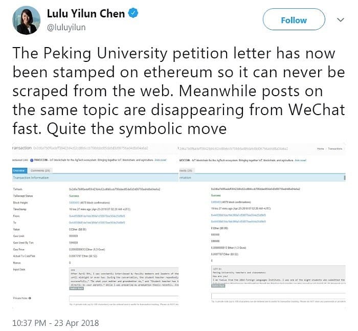 Ethereum's Blockchain Lends Voice To #MeToo Movement After China Censors Student’s Rape Claims - 4