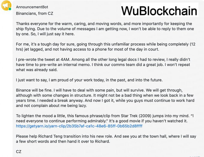 Binance's Changpeng Zhao says he 'will survive' in internal memo - 2