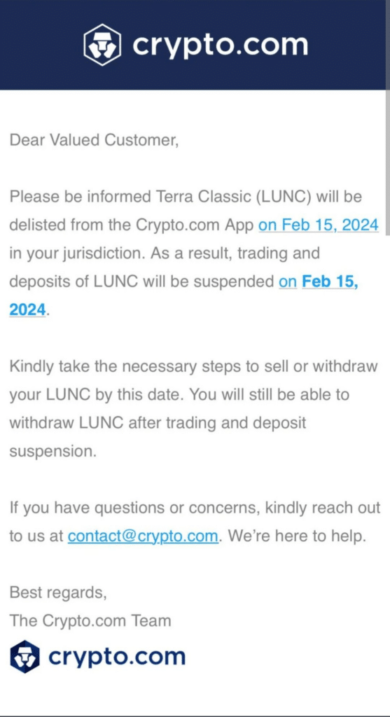 Terra Classic delisting confirmed by Crypto.com following bankruptcy filings - 2