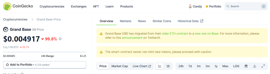 Grand Base minting sparks rug pull concerns as token plunges 99% - 2