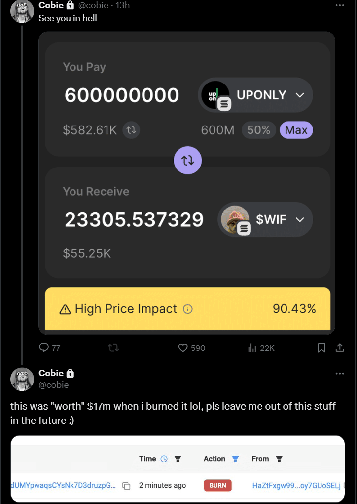 Crypto podcaster Cobie burns 60% of SOL meme 'UPONLY' - 4