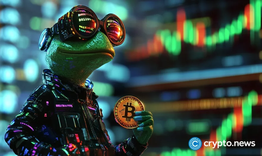 Pepe Coin frog trader watching volatile crypto price chart