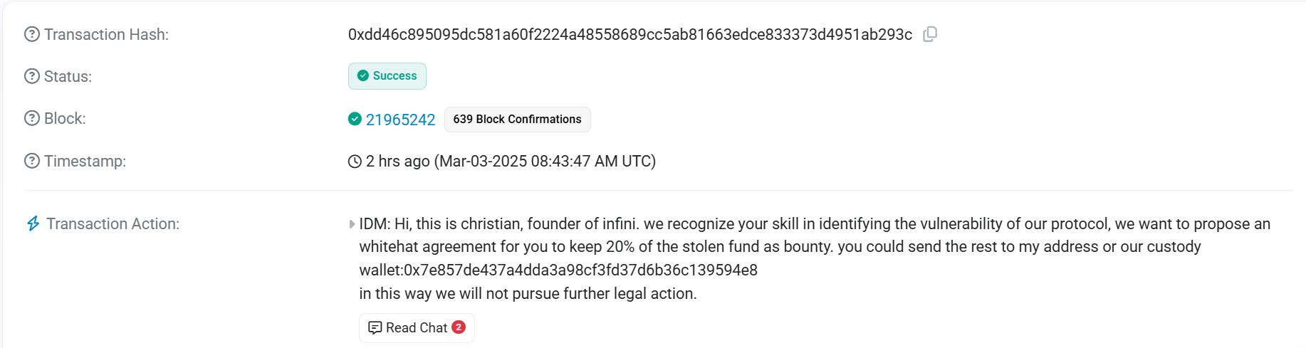 Infini founder reaffirms 20% bounty and legal immunity to Infini hacker for return of stolen funds - 2