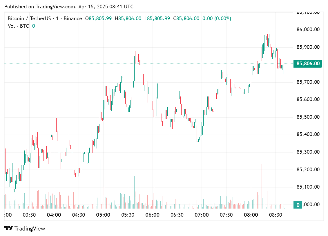 Price chart for Bitcoin in the past 24 hours, April 15, 2025 | Source: crypto.news