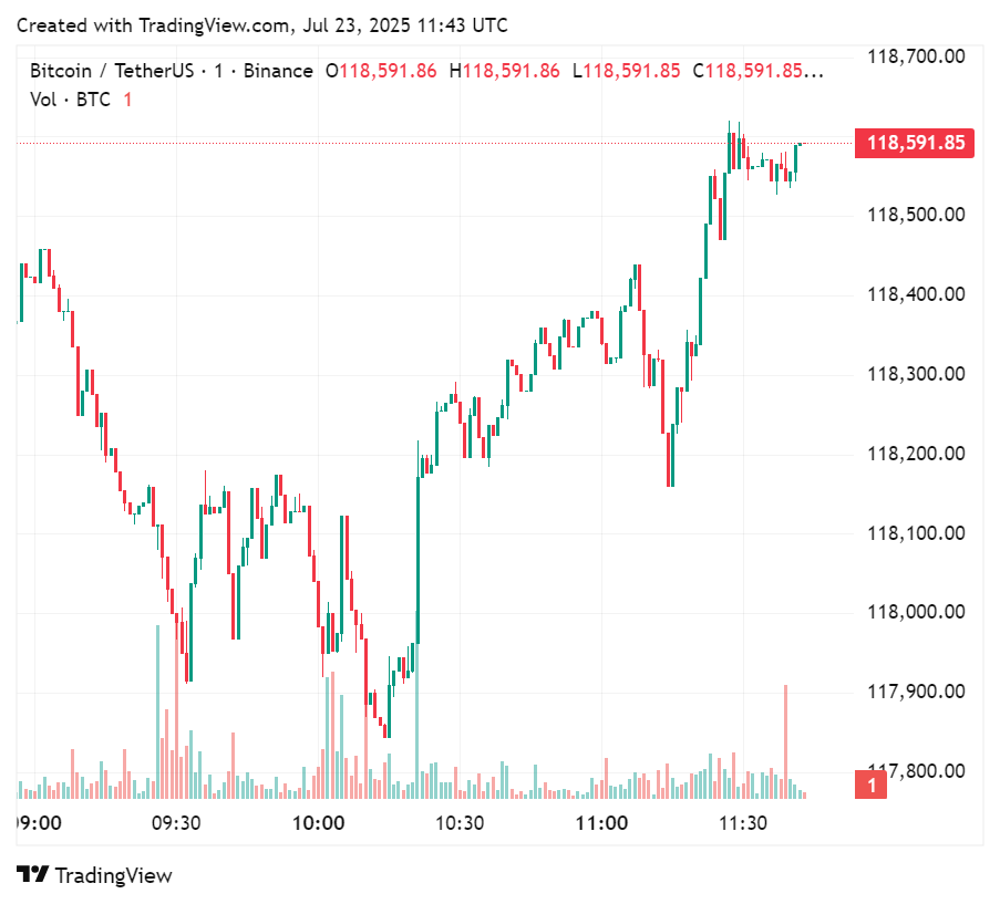 Price chart for Bitcoin in the past few hours, July 23, 2025 | Source: crypto.news 