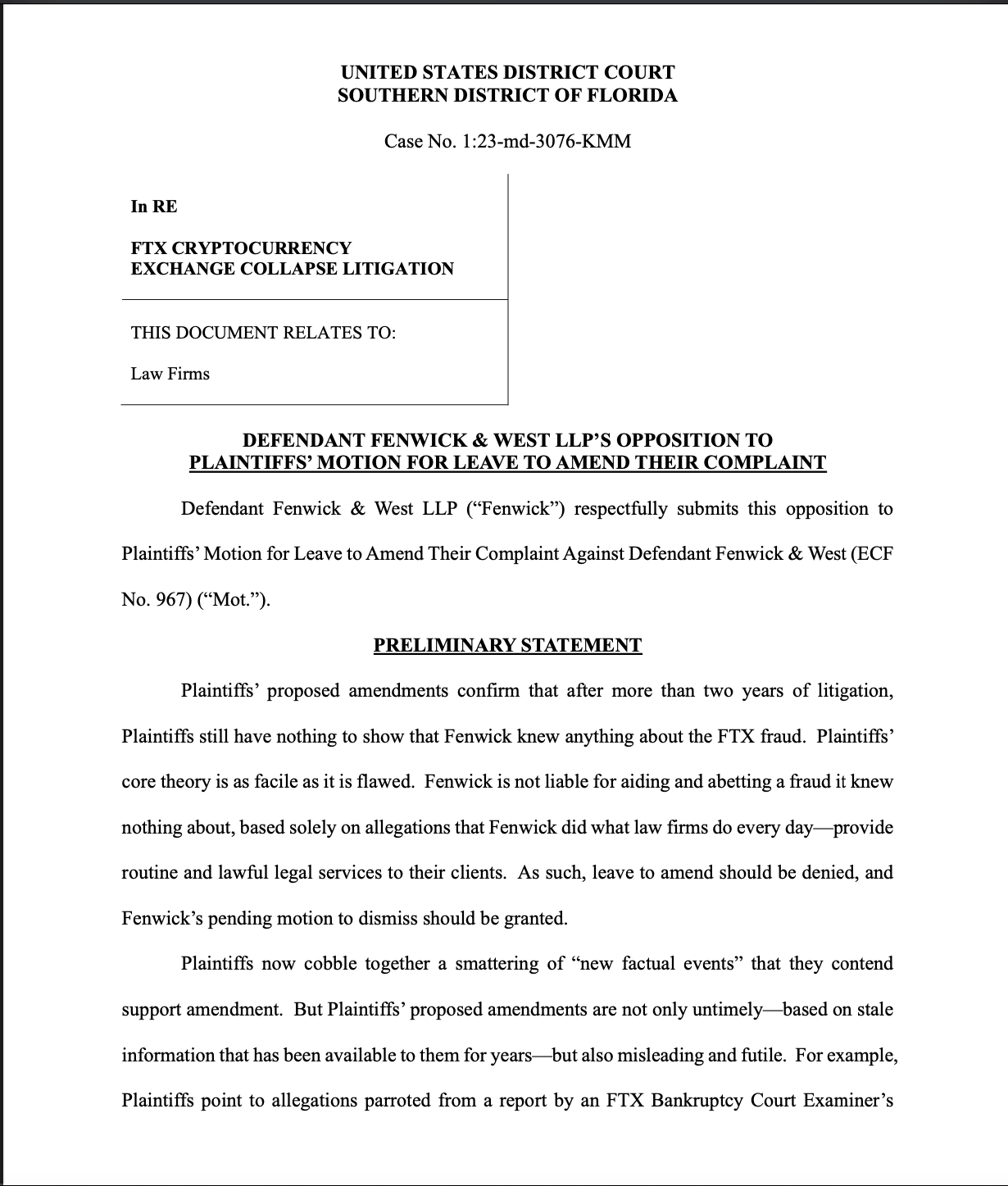 Excerpt from Fenwick & West’s August 26 court filing denying allegations of involvement in FTX fraud