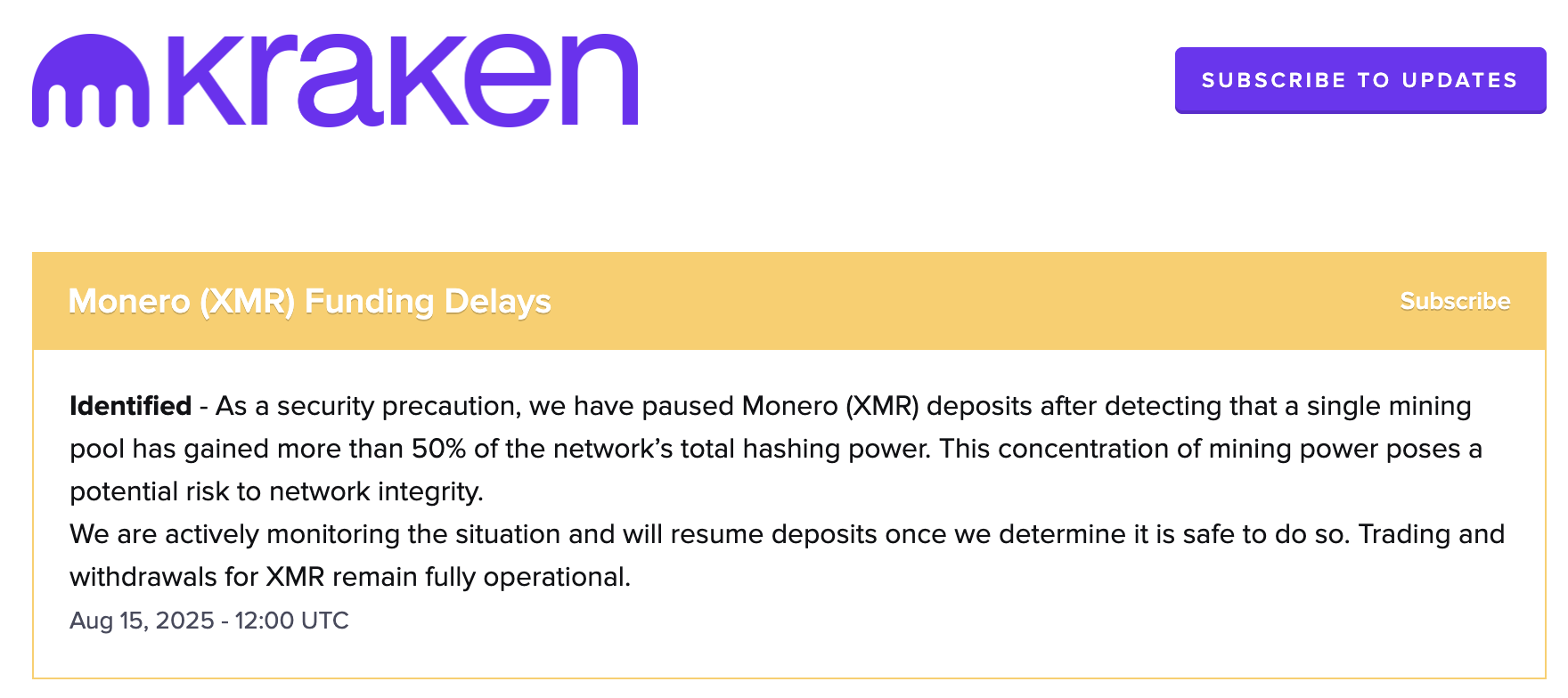 Kraken freezes Monero deposits, Qubic grabs 51% hashrate