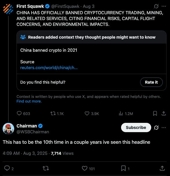 X post suggesting that China banned crypto, with an attached community note