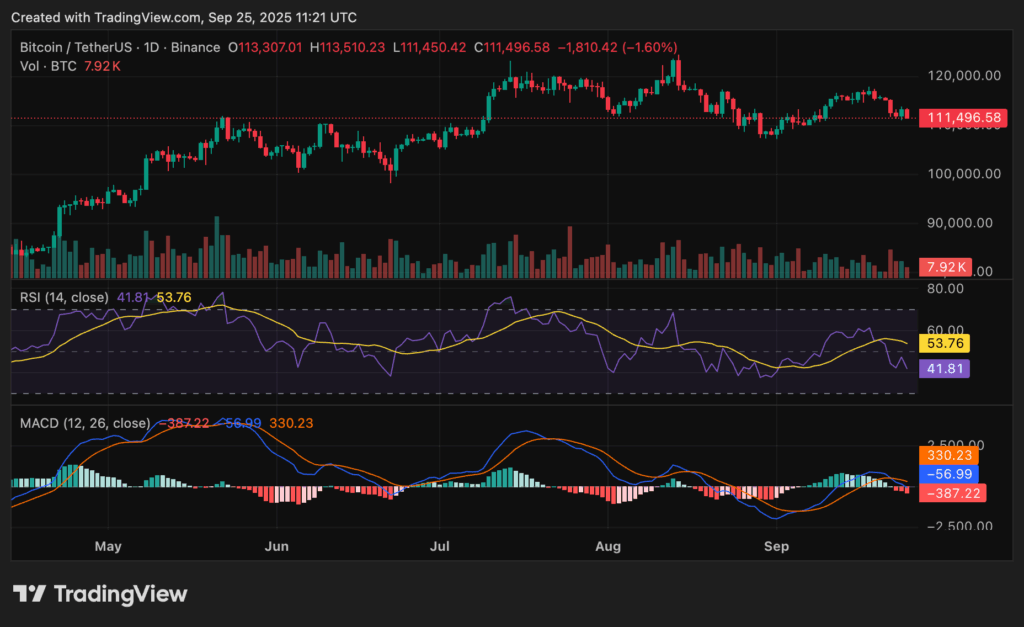 Chart from crypto.news showing Bitcoin price and current weak momentum.