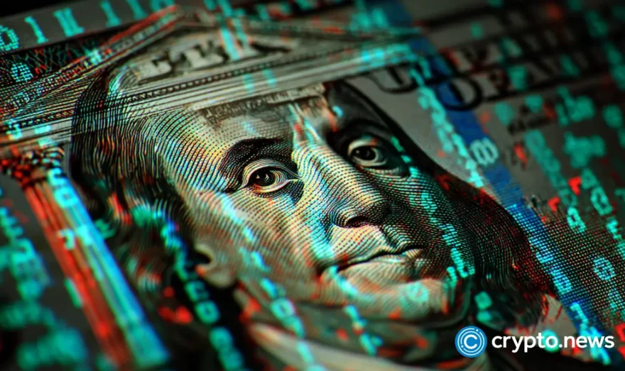 A symbol of US dollar covered with elements of decentralization and tokenization