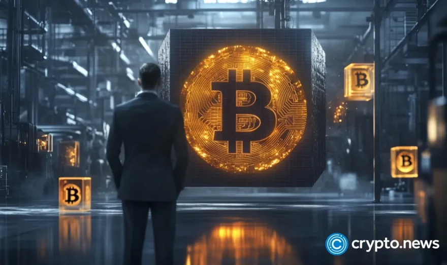 A man standing in front of a vault with Bitcoin symbol on its door 