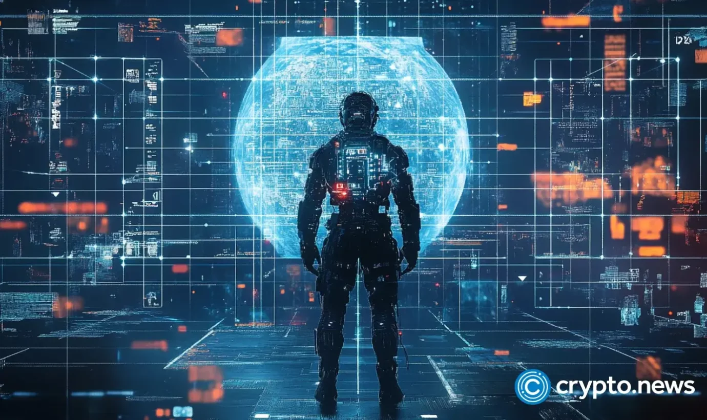 A humanoid robotic figure stands in front if the gate symbolizing decentralization