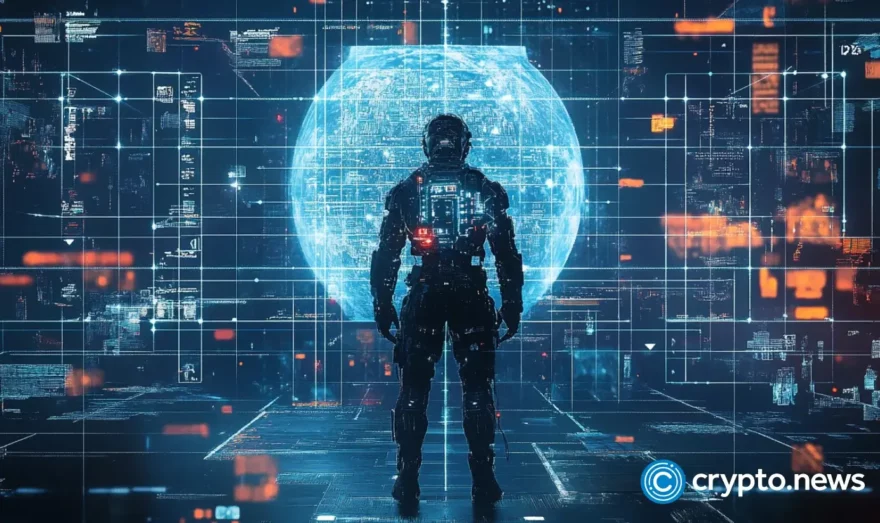 A humanoid robotic figure stands in front if the gate symbolizing decentralization