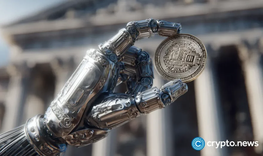 A robotic hand is holding a coin that represents stablecoins