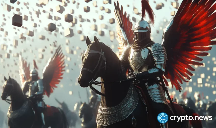 A knight riding a pegasus with floating boxes behind 