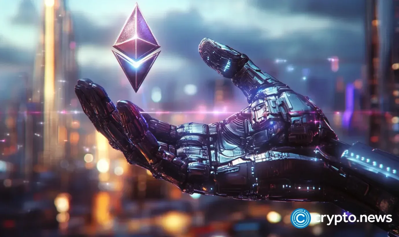 A robotic hand holds a symbol of Ethereum 