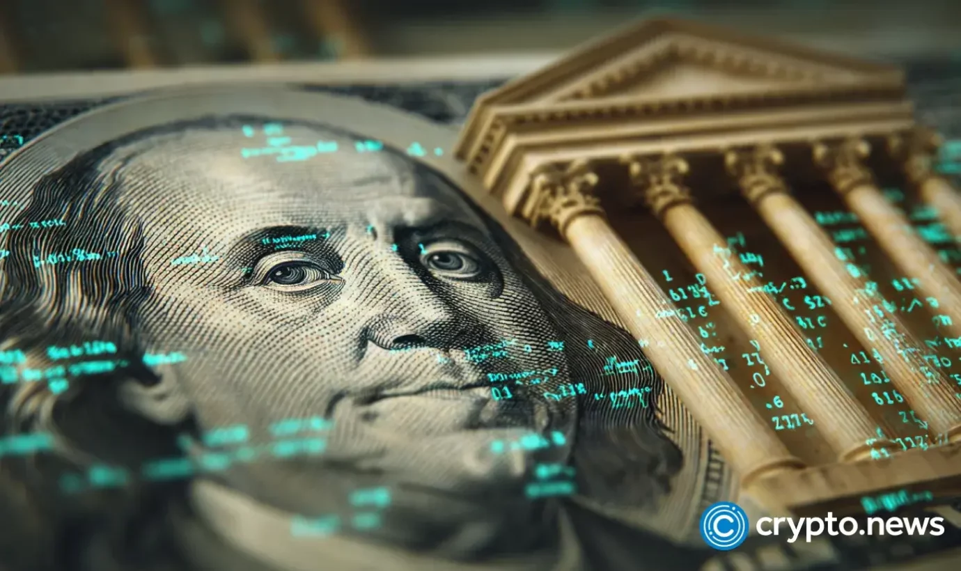 The symbol of US dollar on the stairs of central bank 