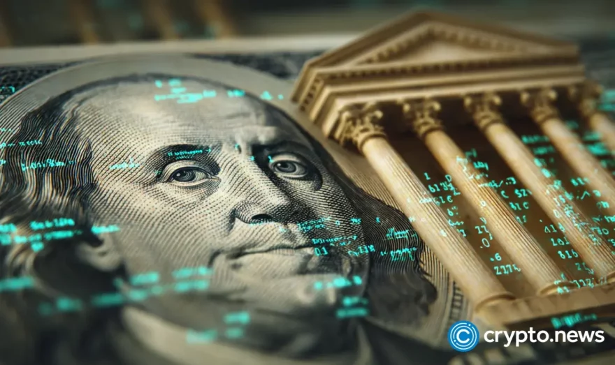 The symbol of US dollar on the stairs of central bank 