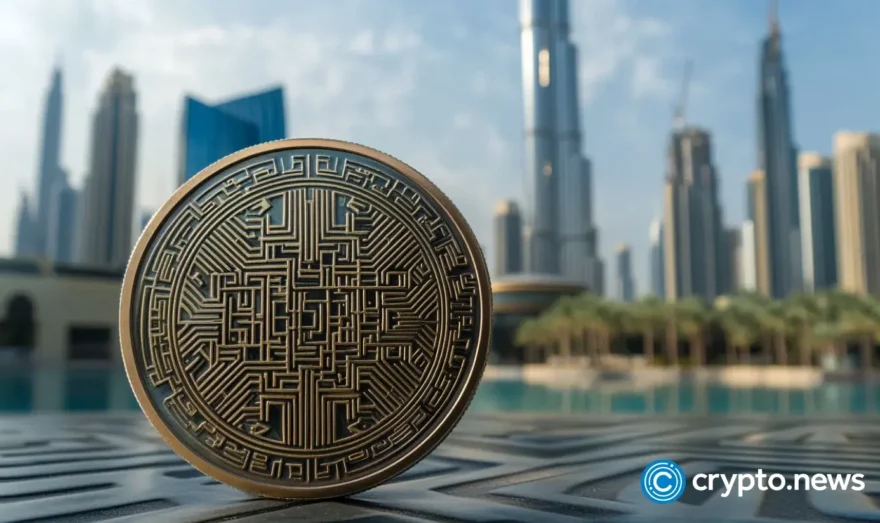 The symbol of digital assets with the background of Dubai