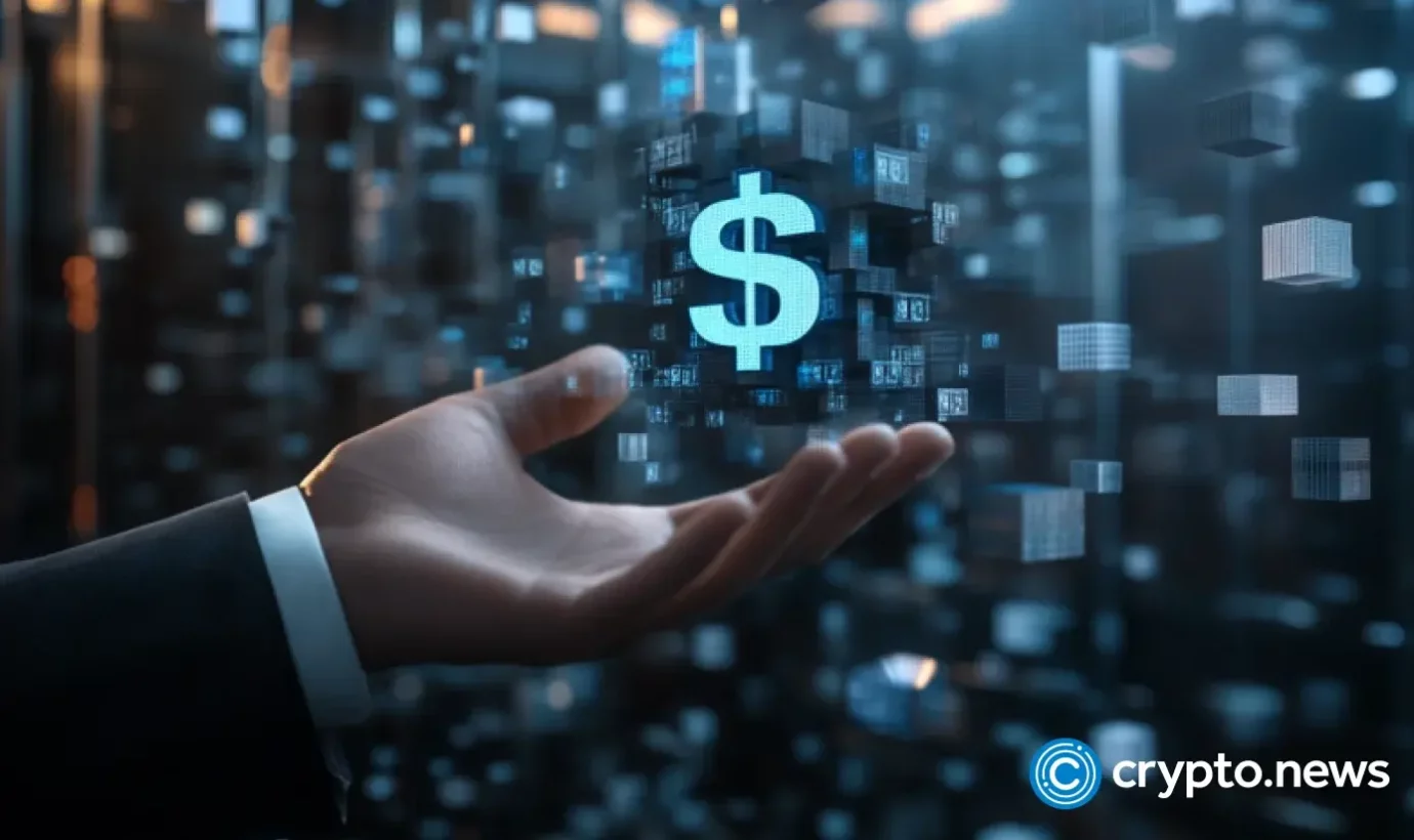 Male hand is holding US dollar sign and symbols of decentralization are on the background