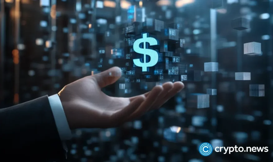 Male hand is holding US dollar sign and symbols of decentralization are on the background