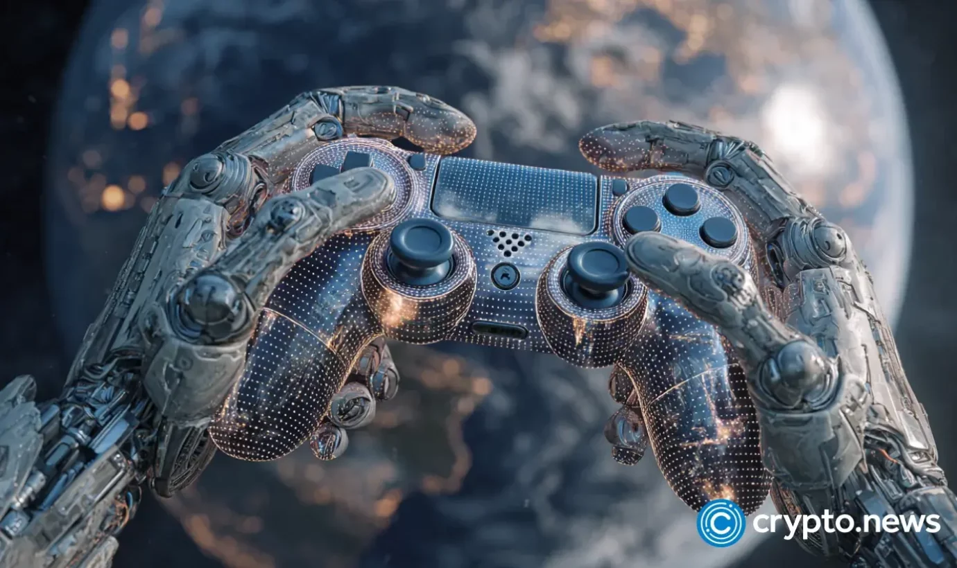 Robotic hands playing with gaming controllers over Earth