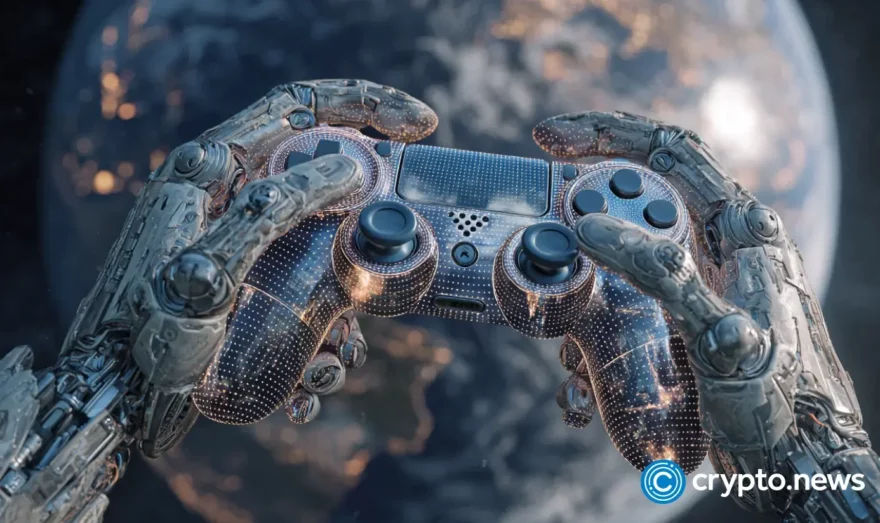 Robotic hands playing with gaming controllers over Earth