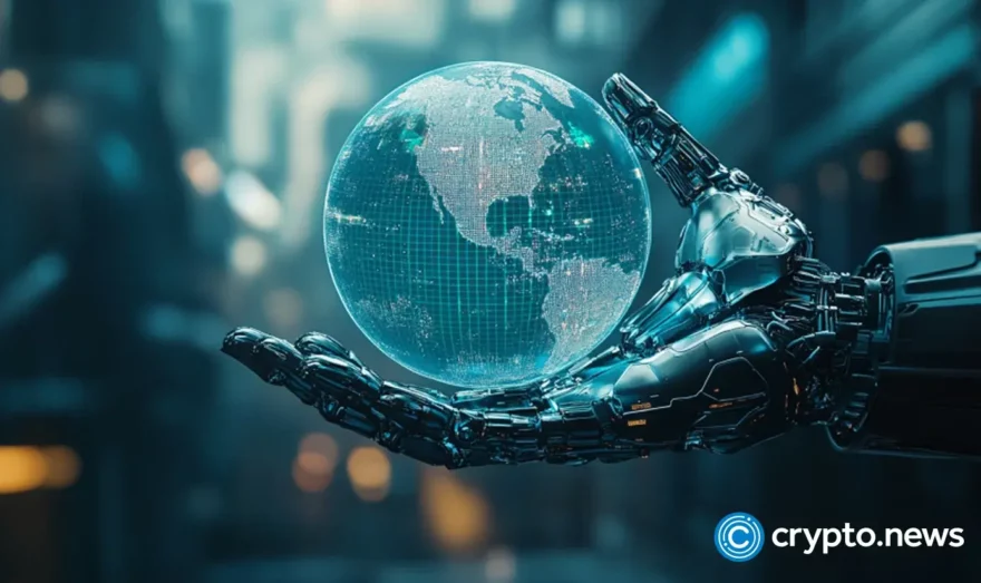 A robotic hand holds a digitized model of Earth 