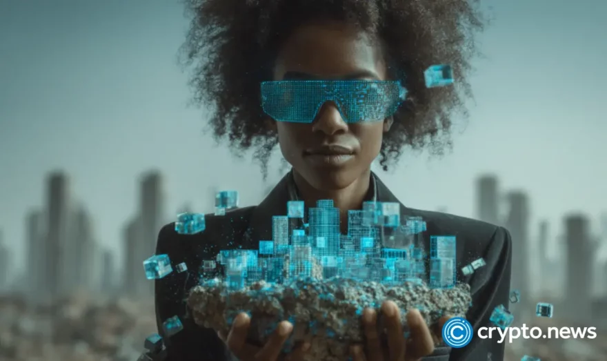 A Black woman holds boxes that symbolizes decentralization