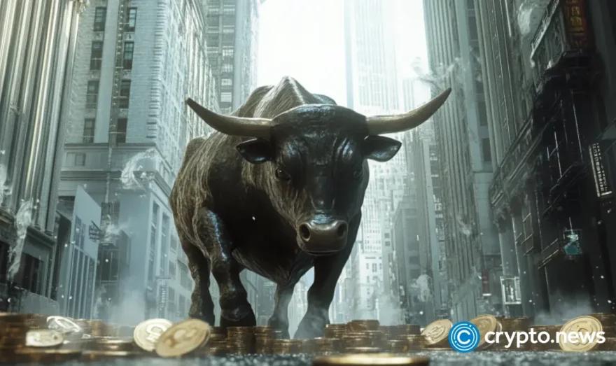 The bull from the Wall Street is surrounded by tokenized symbols 