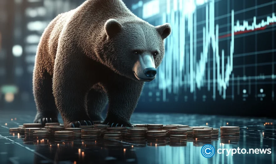 Bear over a pile of coins, representing crypto market down today