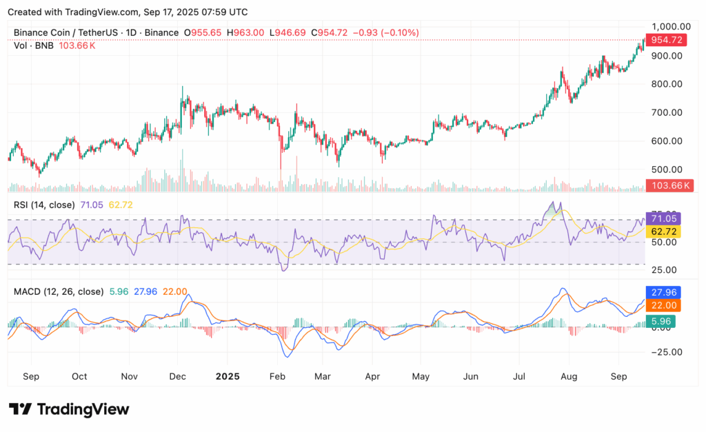 crypto.news chart showing BNB price amid ongoing treasury buzz.
