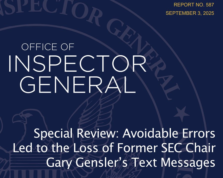 The headline from a SEC report on the loss of Gary Gensler's text messages