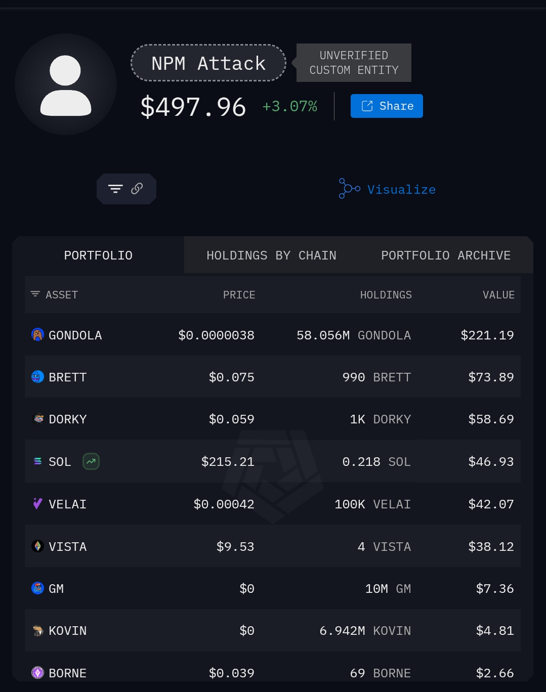 Image showing the crypto wallet associated with the NPM hack.
