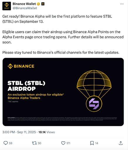 Binance Alpha to list STBL token this week