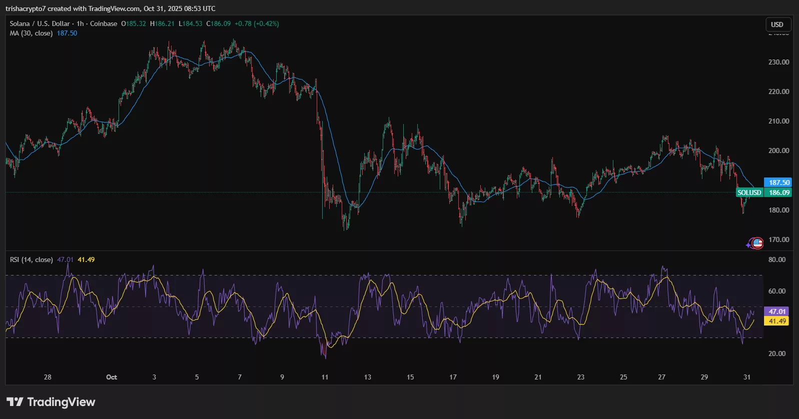 Solana has fallen below its 30-day moving average zone | Source: TradingView