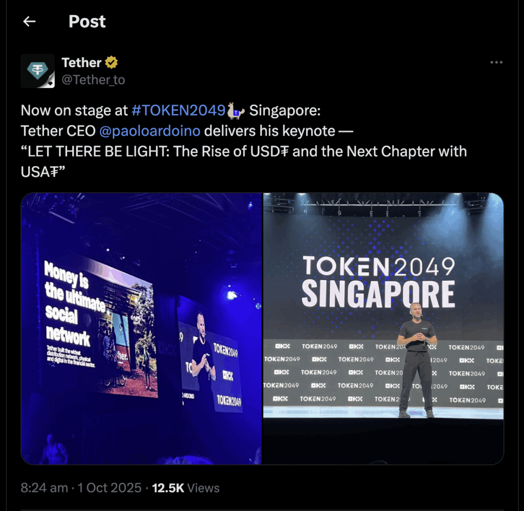 Image showing Tether CEO Paolo Ardoino at Token2049 where he spoke on the Rumble partnership.