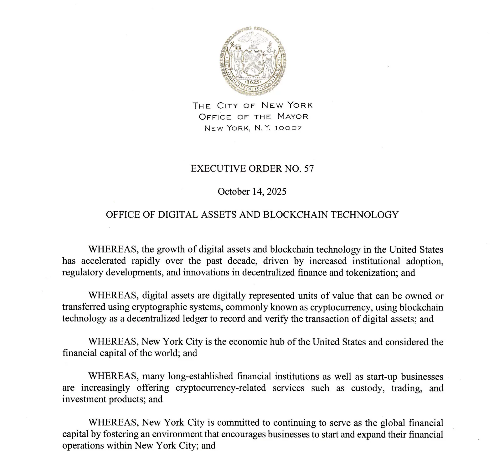 Screenshot of Executive Order 57 establishing NYC’s first office dedicated to crypto.