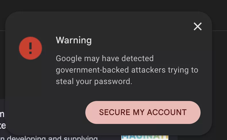 Google warning about account security.