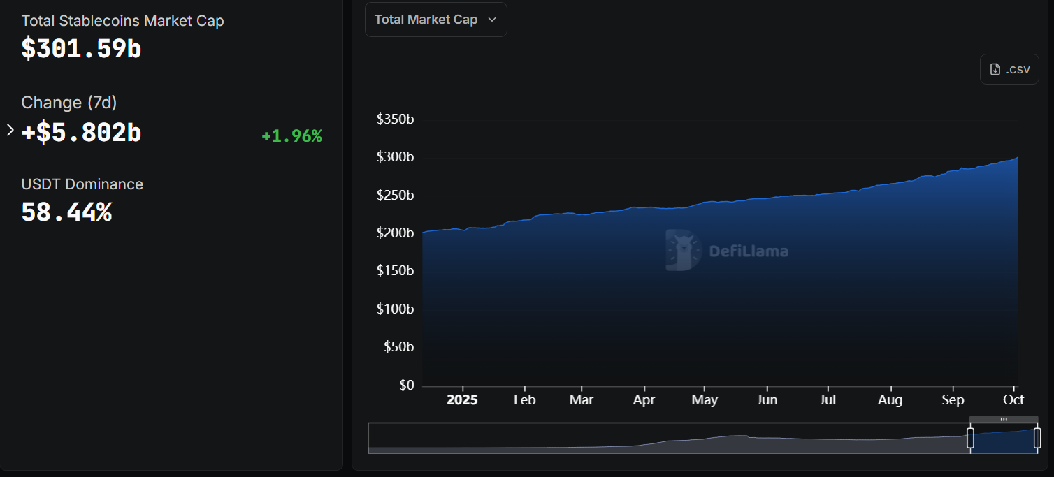 The global stablecoin market cap has surpassed $300 billion for the first time | Source: DeFi Llama