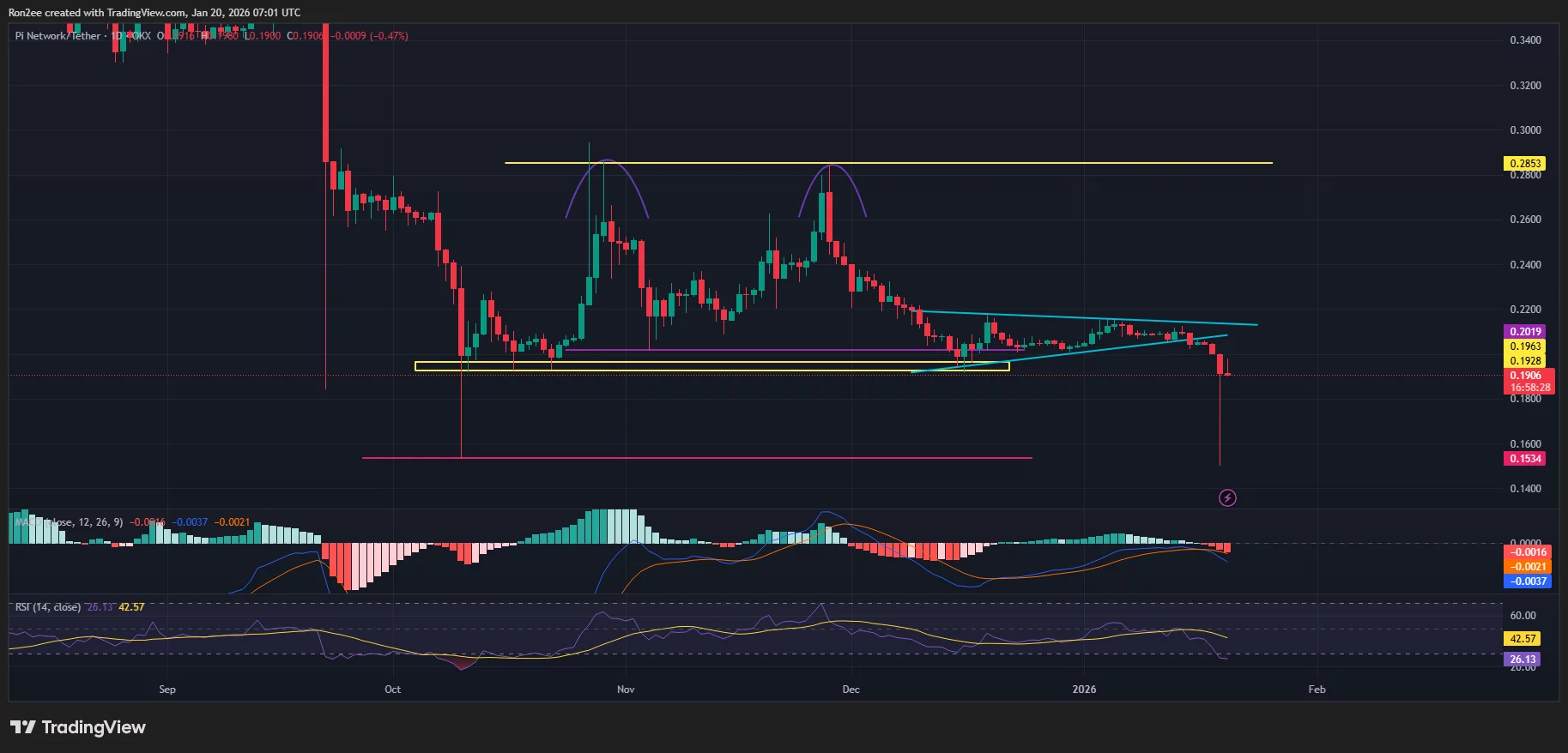 Pi Network price has formed multiple bearish patterns on the daily chart.