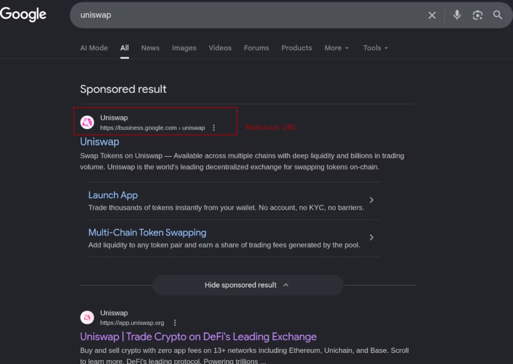 Fake Uniswap ad appearing on Google search.