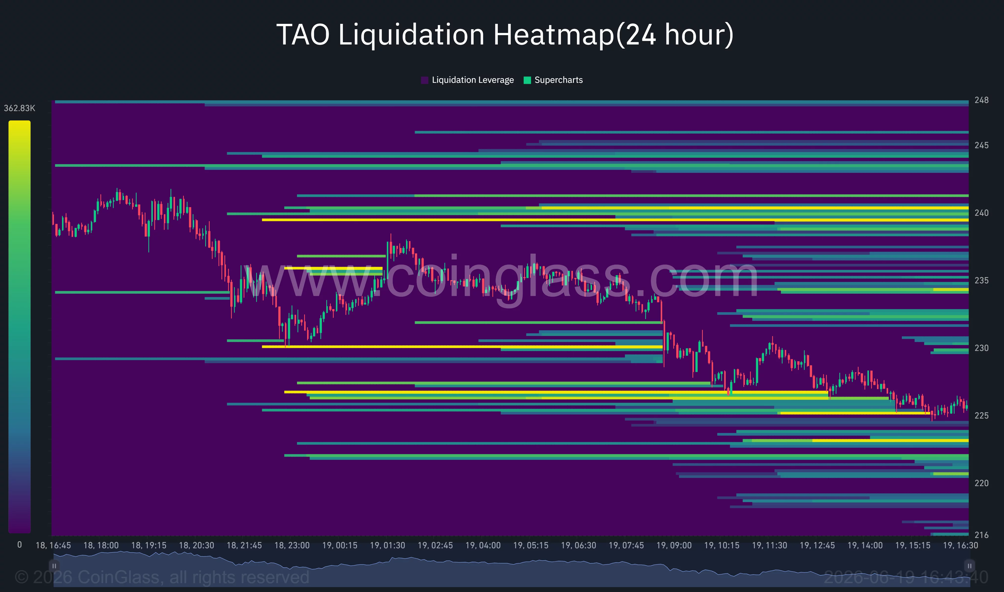 TAO liquidation heatmap highlighting dense leverage clusters near $239-$245 and support-side liquidity around $225-$220.