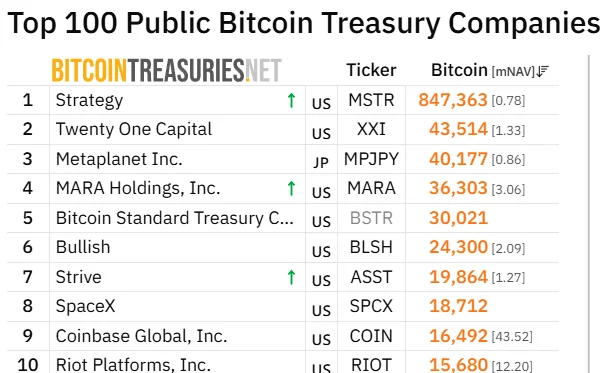 Top 10 public Bitcoin treasury companies ranked by BTC holdings, with Strategy leading at 847,363 BTC and Strive holding 19,864 BTC in seventh place.