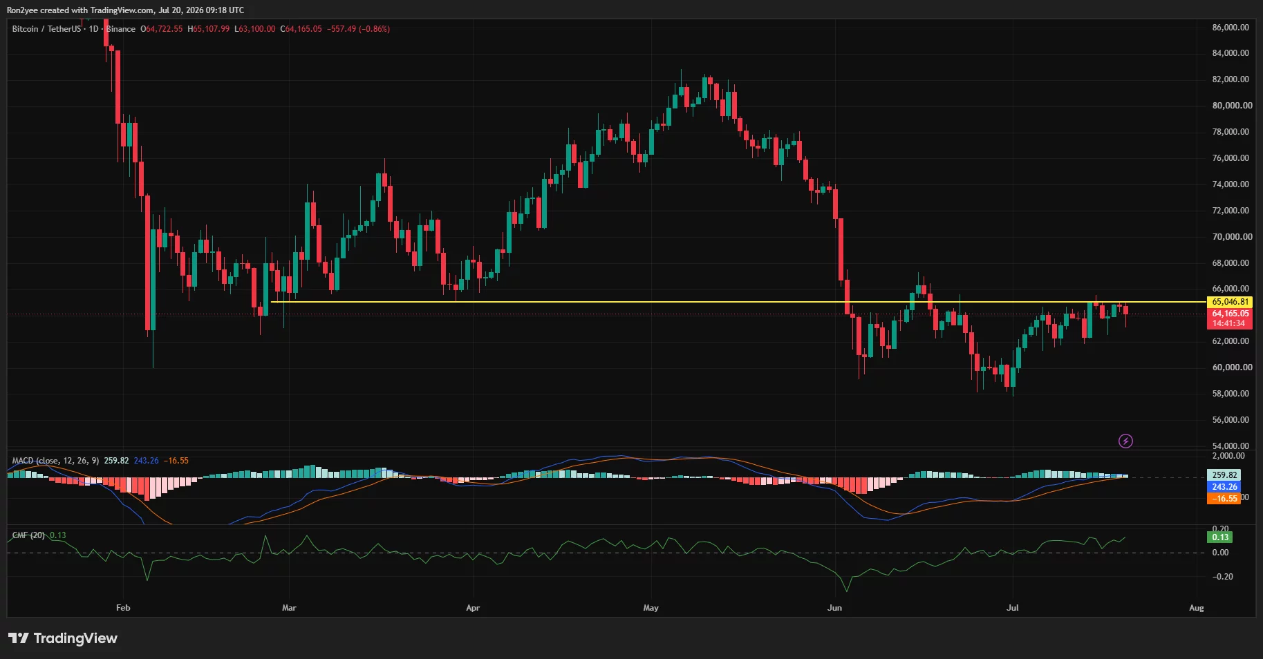 Bitcoin daily chart shows BTC struggling below $65,047 resistance as MACD momentum weakens.