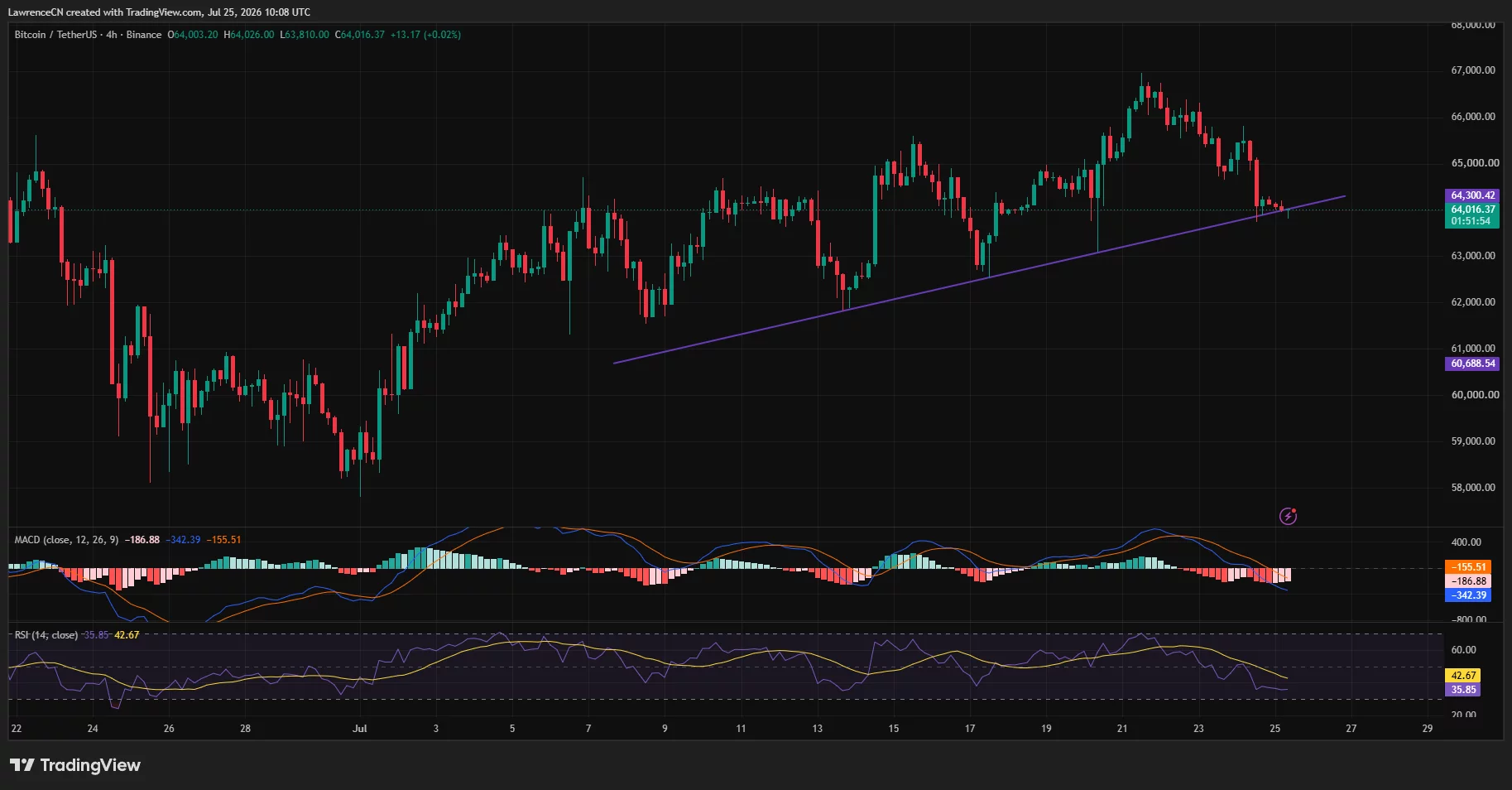 4-hour BTC/USDT candlestick chart on Binance showing price resting on a purple ascending trendline support with bearish MACD and 35.85 RSI.