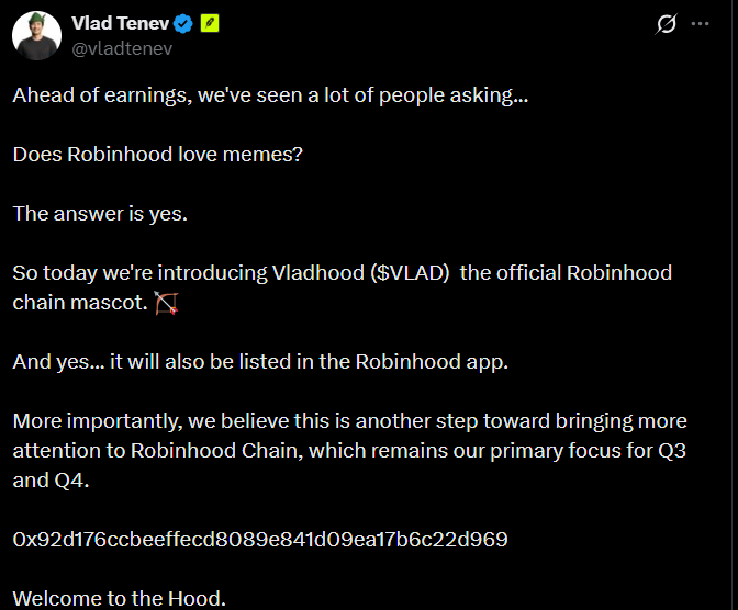 Hacked Vlad Tenev X post promoting Vladhood as Robinhood Chain’s official memecoin.
