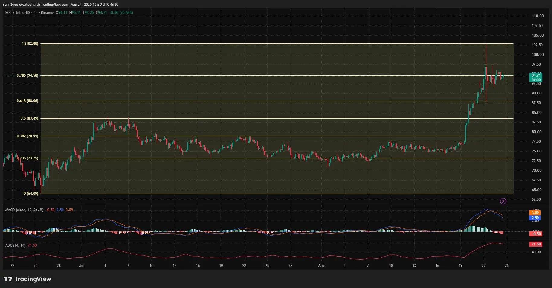 SOL 4-hour chart showing a rally from $75 to $102.88, consolidation near $94.58 and weakening MACD momentum.