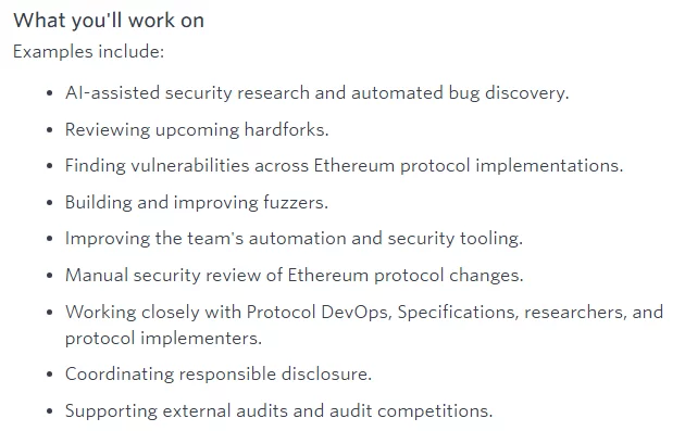 Ethereum Foundation job listing outlines AI-assisted security research, hard fork reviews, vulnerability discovery, fuzzing, and protocol audits.