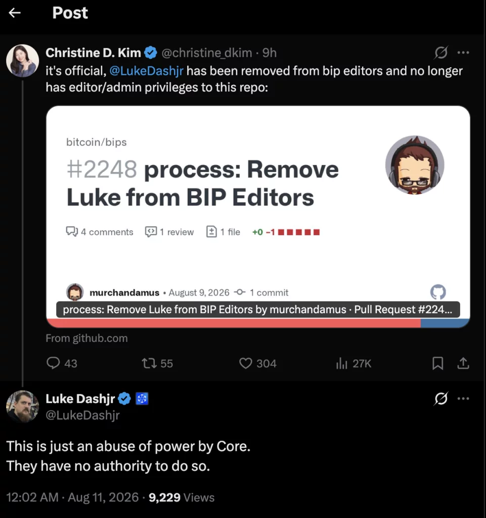 Luke Dashjr disputes his removal as a Bitcoin BIP editor, source: X